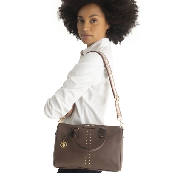 U.S. Polo Assn. Brown Pebbled Satchel with Gold Studs - Picture 3 of 3